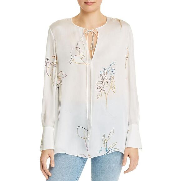 Theory Tops - Theory Womens Fluid Ivory Silk Printed Blouse Tunic Top Shirt NWT